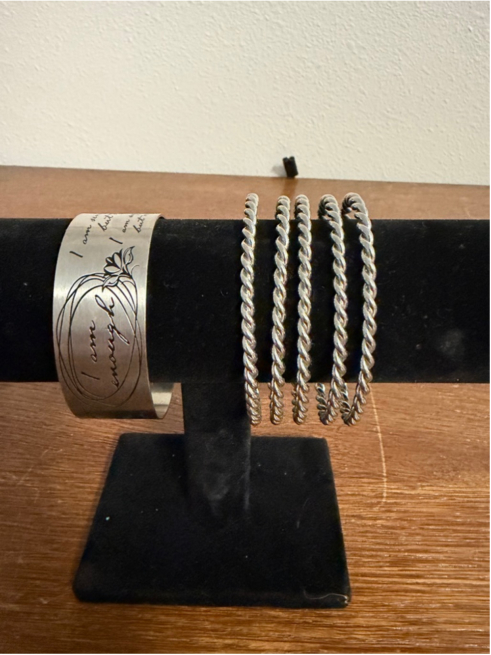 Silver Tone Bracelet Set 2pc Twisted Cuff Stack Engraved Quote Boho Chic